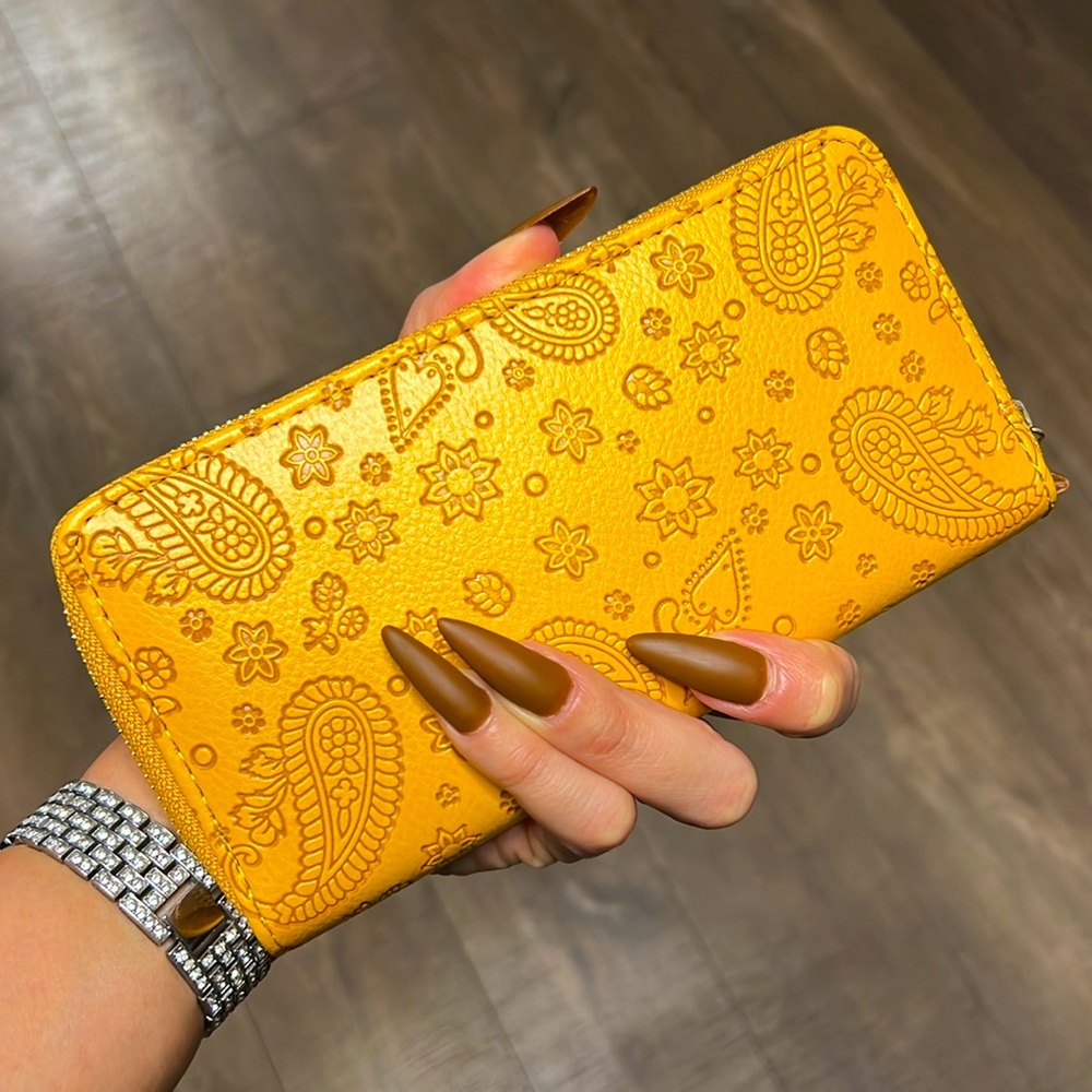 Mustard Yellow Paisley Print Zip Around Wallet